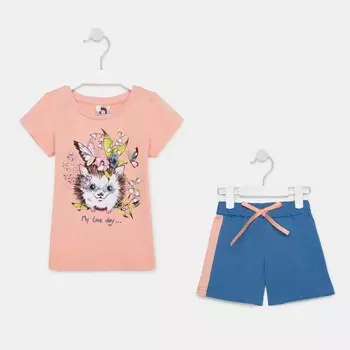 Комплект для девочки (футболка и шорты), цвет бежевый/синий, рост 122 см