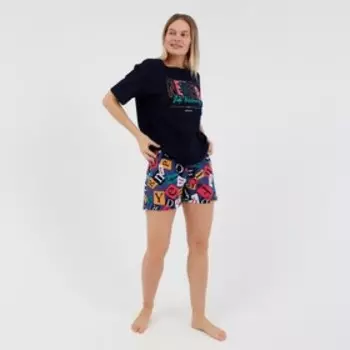 Комплект домашний женский (футболка, шорты) цвет тёмно-синий, размер 52