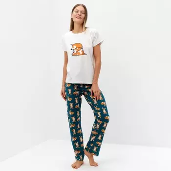 Комплект домашний женский "Корги" (футболка/брюки), цвет белый/зелёный, размер 44