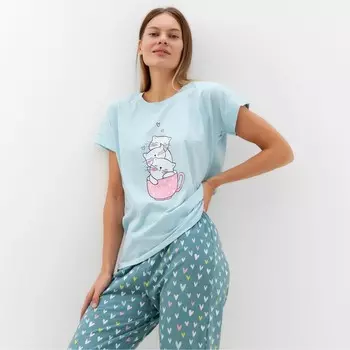 Комплект домашний женский "Котята" (футболка/брюки), цвет голубой, размер 46