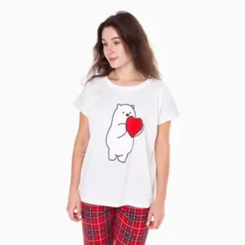 Комплект домашний женский «Мишка» (футболка/брюки), цвет белый/красный, размер 44