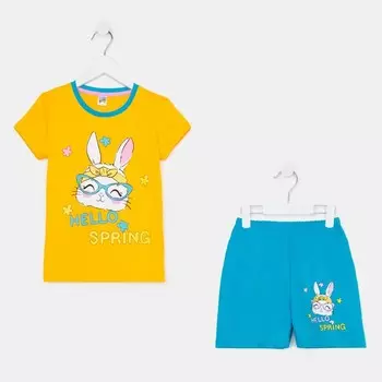 Комплект (футболка и шорты) для девочки, цвет горчичный/голубой, рост 92