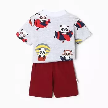 Комплект (футболка/шорты) детский, цвет бордо/панды, рост 74 см