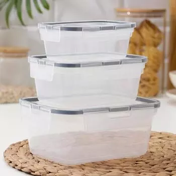 Комплект контейнеров для продуктов с защёлкой, герметичная крышка, 3 шт, 350 мл, 750 мл, 1,3 л, прямоугольные, цвет прозрачный