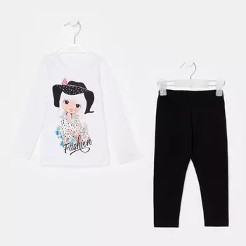 Комплект (лонгслив/брюки) для девочки, цвет белый/чёрный, рост 92-98 см