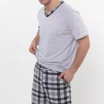 Комплект мужской (футболка и шорты), серый/клетка, размер 54