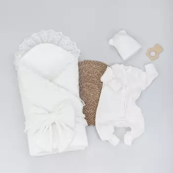 Комплект на выписку KinDerLitto «Бристоль», 5 предметов: одеяло, пелёнка, комбинезон-слип, шапочка, бант, демисезонный, рост 50-56 см, цвет сахар