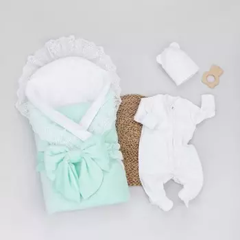 Комплект на выписку KinDerLitto «Бристоль», 5 предметов: одеяло, пелёнка, комбинезон-слип, шапочка, бант, демисезонный, рост 50-56 см, цвет мята