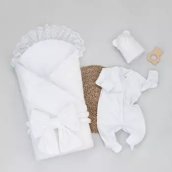 Комплект на выписку KinDerLitto «Бристоль», 5 предметов: одеяло, пелёнка, комбинезон-слип, шапочка, бант, демисезонный, рост 50-56 см, цвет белый