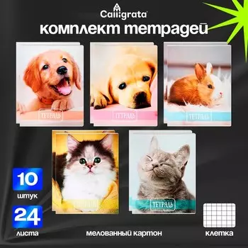 Комплект тетрадей из 10 штук, 24 листа в клетку Calligrata "Домашние животные", обложка мелованный картон, ВД-лак, блок офсет, 5 видов по 2 штуки
