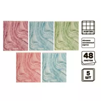 Комплект тетрадей из 5 штук (4 разные + 1 повторяющаяся), 48 листов в клетку Calligrata "Листья", обложка мелованная бумага, блок №2, белизна 75% (серые листы)