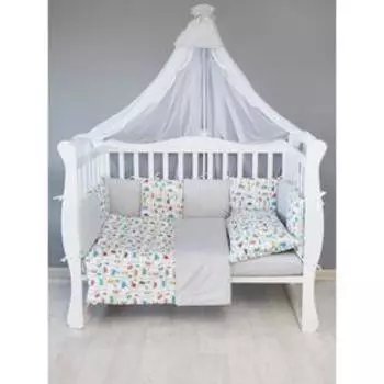 Комплект в кроватку 18 предметов 6+12 подушек-бортиков, принт дорога, цвет белый-серый