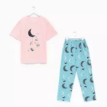 Комплект женский домашний (футболка/брюки), цвет белый/бирюзовый, размер 64