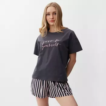 Комплект женский домашний (футболка,шорты), цвет графит розовая полоска, р-р 50