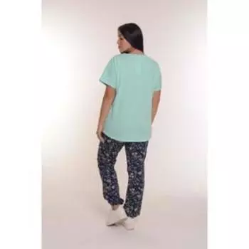 Комплект женский (футболка, брюки), цвет мятный/синий/цветы, размер 52