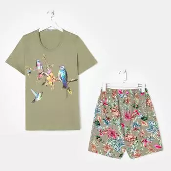 Комплект женский (футболка, шорты), цвет хаки, размер 58