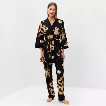 Комплект женский (халат/топ/брюки), цвет чёрный, размер 50