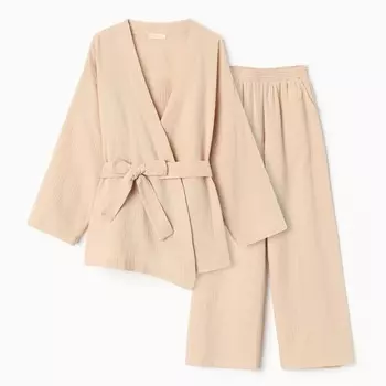 Комплект домашний женский (рубашка на запах, брюки) KAFTAN Basic, размер 48-50, бежевый