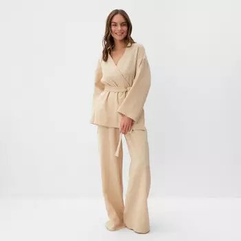 Комплект домашний женский (рубашка на запах, брюки) KAFTAN Basic, размер 44-46, молочный