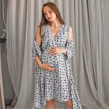 Комплект женский (сорочка/халат) для беременных, цвет серый, размер 48