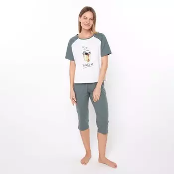Комплект женский «Wake up» (футболка/бриджи), цвет серо-зелёный, размер 46