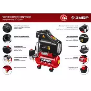 Компрессор "ЗУБР" КП-200-6, воздушный, безмасляный, 1500 Вт, 2850 об/мин, 6 л, 200 л/мин