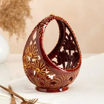 Конфетница "Лукошко", коричневая, сквозная резка, керамика, 19 см