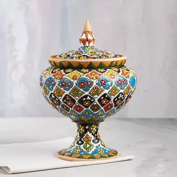 Конфетница "Расписная", с крышкой, авторская работа, керамика, 18 см, 1.3 л, 1 сорт, Иран