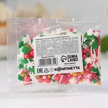 KONFINETTA Кондитерская посыпка фигурная сахарная «Сказочный Новый год: снежинки, елочки»: белая, зеленая, красная, золотая, 25 г.