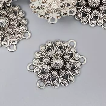 Коннектор для творчества металл 4 ушка "Цветок-солнце" серебро 3,1х2,7 см