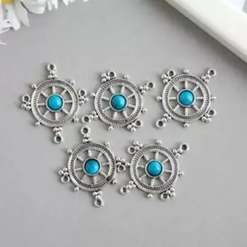 Коннектор для творчества металл 4 ушка "Штурвал с камнем" серебро МИКС 3,4х2,8 см