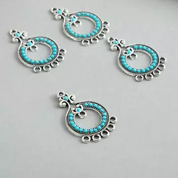 Коннектор для творчества металл 7 ушек "Восточный узор с бирюзой" серебро 3,6х2,2 см