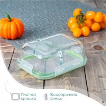 Контейнер Доляна «Клик» 620 мл, 17.813.26 см, двухсекционный, с крышкой, жаропрочное стекло, зелёный, прозрачный