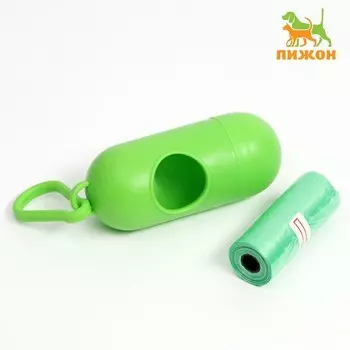 Контейнер с пакетами для уборки за собаками (рулон 15 пакетов 29х21 см), зелёный