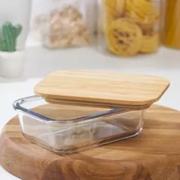 Контейнер для еды из BellaTenero «Эко», 640 мл, с бамбуковой крышкой, жаропрочное стекло, прозрачный