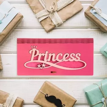 Конверт деревянный "Принцесса!" розовый фон, корона