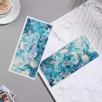 Конверт для денег "С Днём Рождения!" голубые цветы, 8х16,3 см