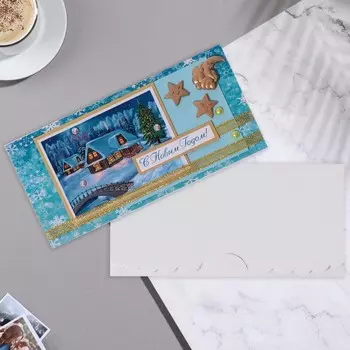 Конверт для денег "С Новым Годом!" деревянные избушки, ручная работа,