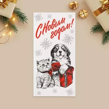 Конверт для денег «С Новым годом!», щенок и котёнок, 16.5 8 см