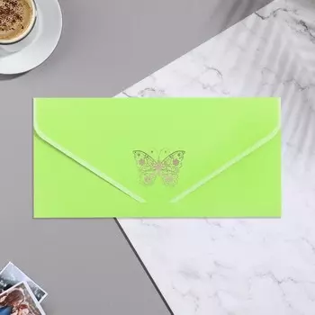 Конверт для денег "Универсальный" бархат, бабочка, зеленый фон, 19х9,3 см