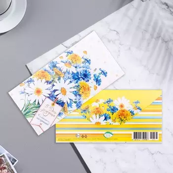 Конверт для денег "В День Рождения!" ромашки, васильки, 17х8 см