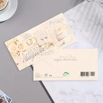 Конверт для денег "В День Свадьбы!" торт, бокалы, 16,8х8,3 см