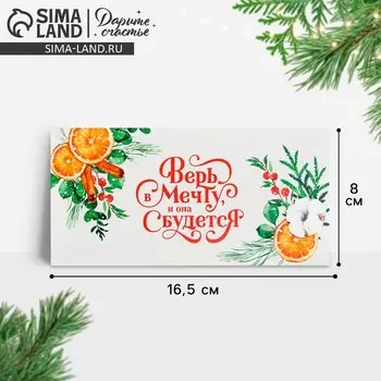 Конверт для денег «Новый год: Верь в мечту и она сбудется», 16.5 х 8 см