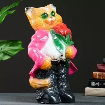 Копилка "Кот большой с тюльпанами" малиновый, 20х23х41см