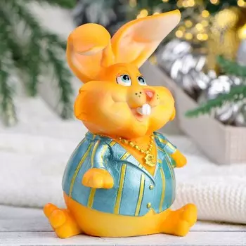 Копилка "Толстый заяц в синем" рыжий, 10х9х15см