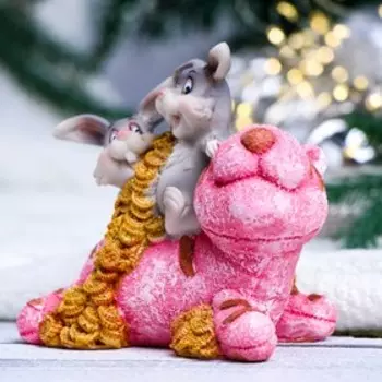 Копилка "Зайцы на тигре с монетами" серые, 12х10х13см