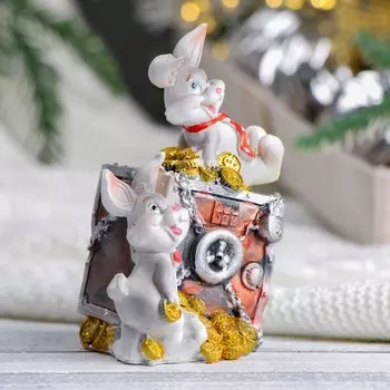 Копилка "Зайцы с сейфом" серый, 12см