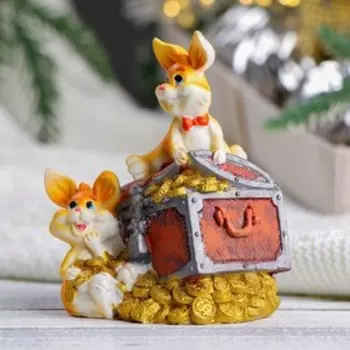 Копилка "Зайцы с сундуком" рыжие, 12см