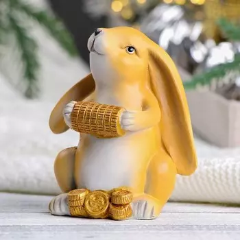 Копилка "Заяц с монетами" рыжий, 8х7х10см