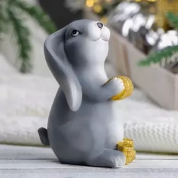 Копилка "Заяц с монетами" серый, 8х7х10см